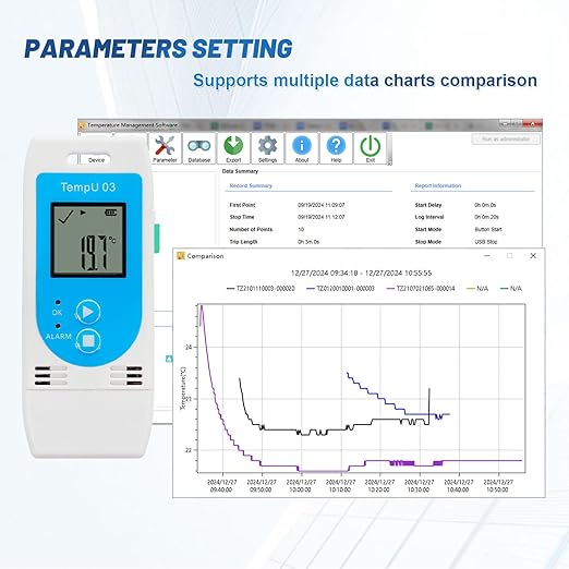 Tzone Reusable Temperature and Humidity Data Logger USB,Temp Recorder Humidity Logger with PDF&CSV Report,Digital Refrigerator Thermometer Hygrometer 32000 Recording for Lab Food Storage,LED Alarm