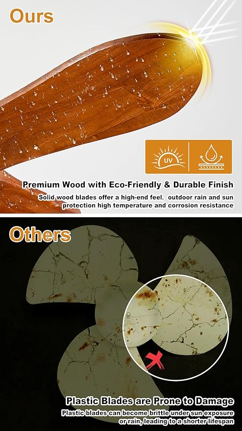 3 Blades Wood Outdoor Ceiling Fan for Patios, Farmhouse Rustic Ceiling Fans, 34" Plug-in Wet Rated Outdoor Gazebo Fan for Exterior House Porch Patio, Waterproof,F248