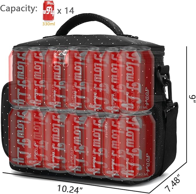 FlowFly Insulated Reusable Lunch Bag Adult Large Lunch Box for Women and Men with Adjustable Shoulder Strap,Front Zipper Pocket and Dual Large Mesh Side Pockets,Dot