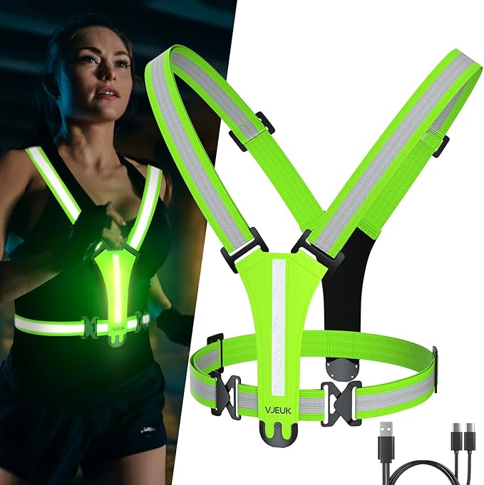 Led Reflective Vest Running Gear，7 Lights Colors Light Up Running Vest, Rechargeable High-Visibility Adjustable Vest for Running, Cycling, and Night Activities（Green）