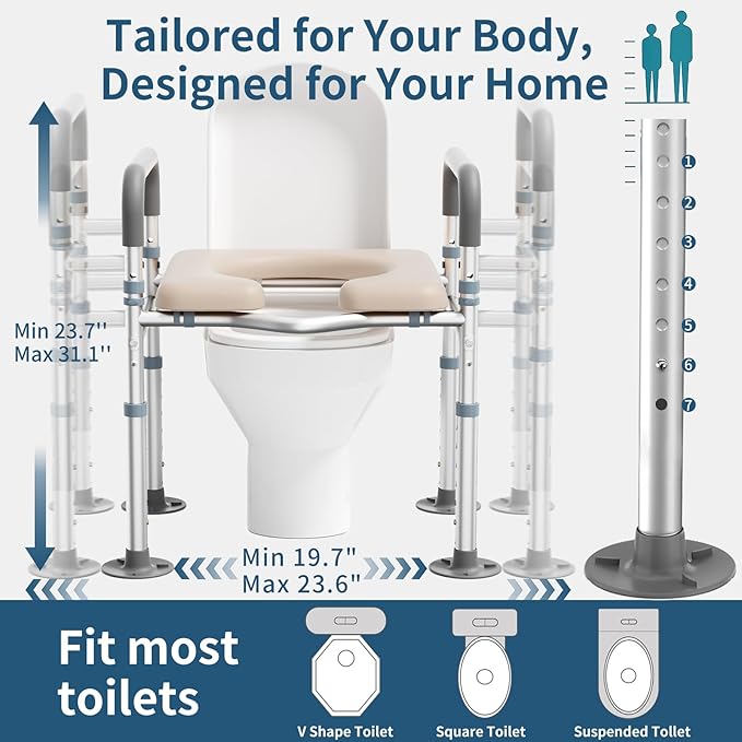 Adjustable Toilet Seat Risers for Seniors-Heavy Duty 400lb Raised Toilet Seat with Handles & Padded Arms-Fits Elongated & Standard Toilets