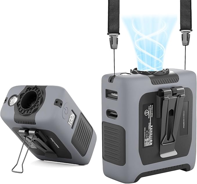 Portable Fan Wearable Personal Fan with 5 Speed Max 55 Working Hours Low Noise Portable Neck Fans Cooling Waist Fans for Camping Traveling LED Power Display 10000mAh Rechargeable (Gray)