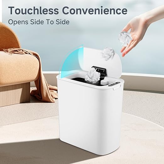5 Gallon Motion Senor Bathroom Trash Can with Lid, Automatic Garbage Can Touchless, Smart Plastic Waste Basket for Narrow Spaces, Bathroom, Office, Bedroom, Living Room (White)