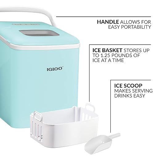 Igloo ICEB26HNAQ Automatic Self-Cleaning Portable Electric Countertop Ice Maker Machine With Handle, 26 Pounds in 24 Hours, 9 Ice Cubes Ready in 7 minutes, With Ice Scoop and Basket, Aqua