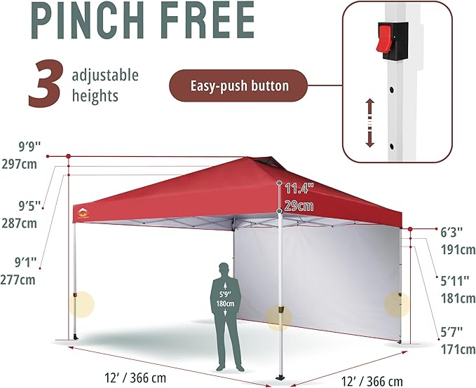 CROWN SHADES 12x12 Pop Up Canopy Tent Instant Commercial with 150D Silver Coated Fabric Including 1 Removable Sidewall, 4 Ropes, 8 Stakes, Weight Bags, STO 'N Go Bag, Red