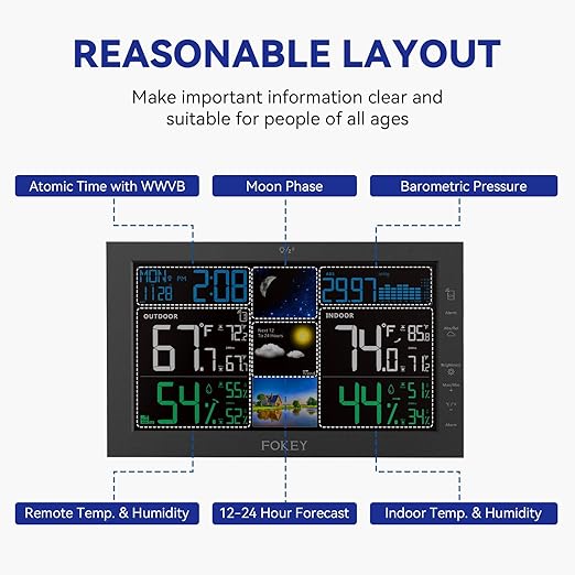 Weather Station Wireless Indoor Outdoor, Indoor Outdoor Thermometer Wireless, Home Atomic Clock Weather Stations, Digital Temperature Humidity Barometer Inside Outside Thermometers, Black