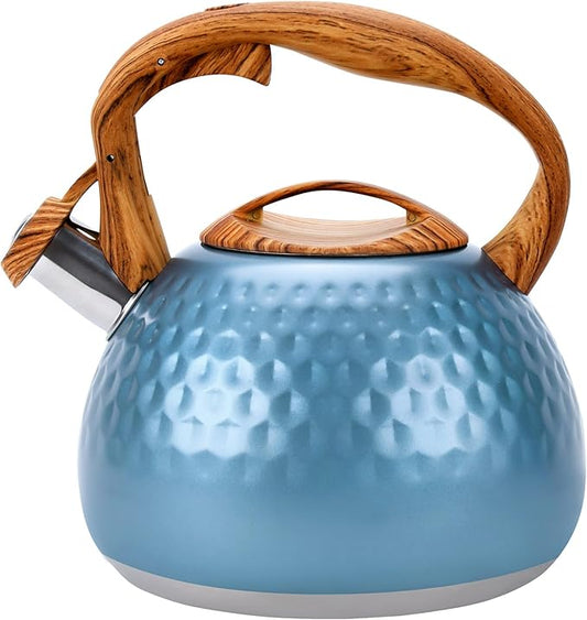 GGC Tea Kettle for Stove Top, Loud Whistling Kettle for Boiling Water Coffee or Milk, 3.1 Quart 3L Heavy Stainless Steel Blue Kettle with Wood Pattern Handle, Unique Button Control Kettle Outlet