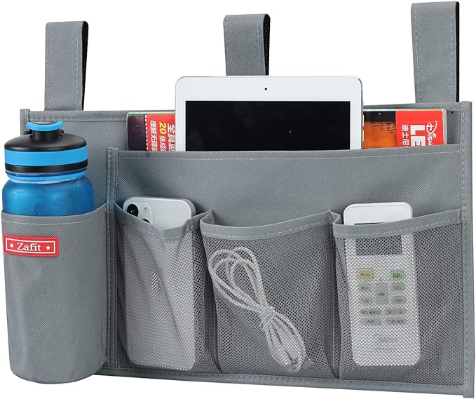 Hanging Bedside Caddy, Bedside Storage Organizer for Magazine, Phone, Remote control (5 Pockets-Grey)