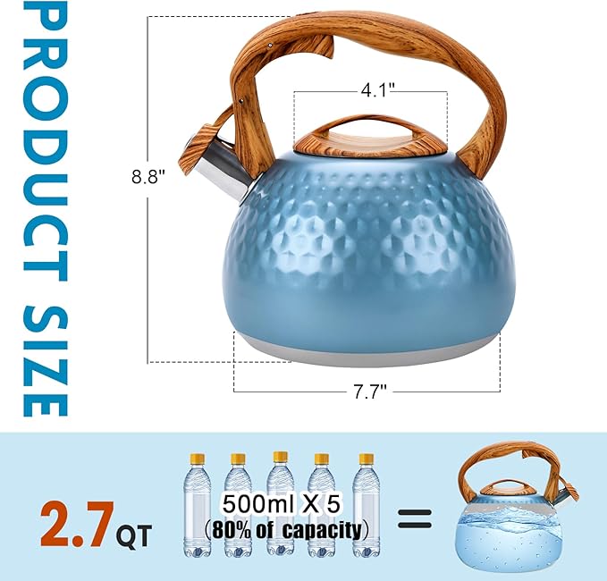 GGC Tea Kettle for Stove Top, Loud Whistling Kettle for Boiling Water Coffee or Milk, 3.1 Quart 3L Heavy Stainless Steel Blue Kettle with Wood Pattern Handle, Unique Button Control Kettle Outlet