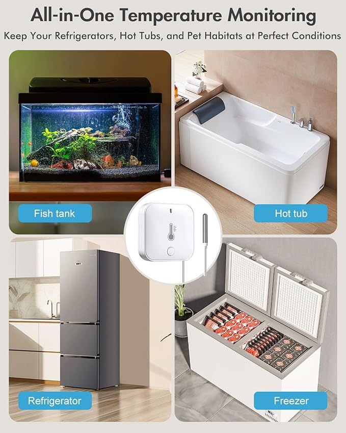 WiFi Refrigerator Thermometer with Alarm, Freezer Alarm with App Notifications, Digital Fridge Thermometer with Loud 90dB, 2 Remote Wireless Temperature Sensors for Home Kitchen Fridge Fish Tank