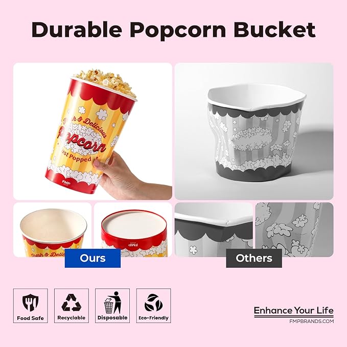 Fit Meal Prep 25 Pack Classic Paper Popcorn Buckets Disposable, 64 Oz Grease Resistant Popcorn Bowls Cups for Machine Home Theater Carnival Movie Night