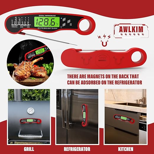 AWLKIM® Meat Thermometer Digital - Instant Read Waterproof Food Thermometer with Backlight for Cooking, Grill, Candy, Kitchen & Stocking Stuffers for Men - Red