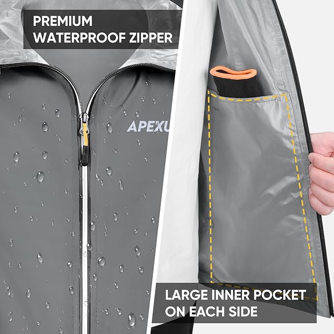 APEXUP Packable Rain Jacket Men with Reflective Zipper, Lightweight Waterproof Raincoat, Mens Rain Jacket for Outdoor Sports