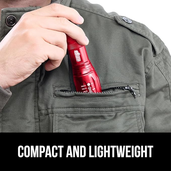 GORILLA GRIP Powerful LED Tactical Flashlight, 750 FT High Lumens 5 Adjustable Modes, Water Resistant, Ultra Bright Zoom Flashlights, Small Mini Flash Light, Camping, Night Dog Walking, 2 Pack Red