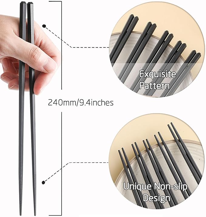 200 Pairs Hexagonal Fiberglass Sushi 24cm/9.4 Inch Dishwasher Safe Non-Slip Chopsticks,Japanese Style Black for Restaurant & Party.