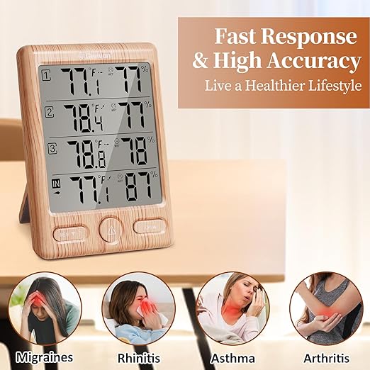 Geevon Indoor Outdoor Thermometer Wireless with 3 Remote Sensors, Digital Hygrometer Indoor Thermometer, Temperature Humidity Monitor Gauge with 200FT/60M Range (Wooden)