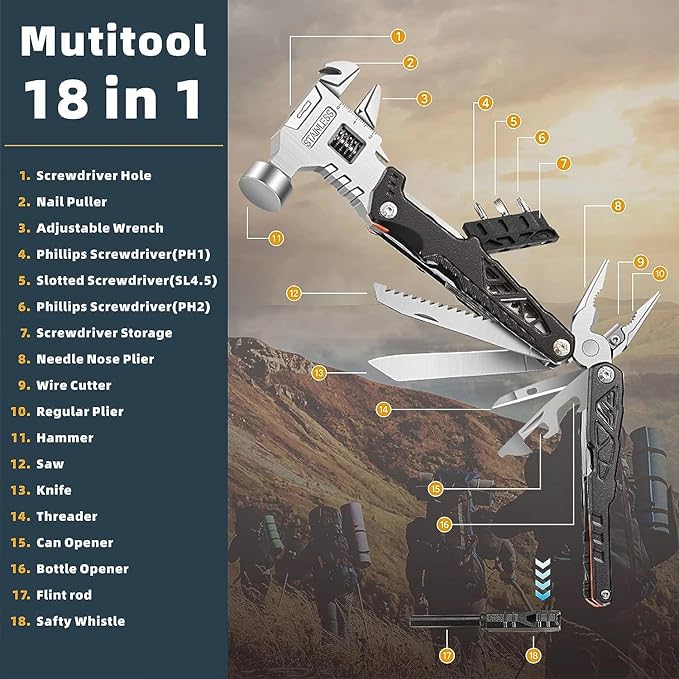MALOM 18-in-1 Upgraded adjustable Hammer, Stainless Steel multitool Pliers with Replaceable Tungsten Wire Cutters, Bottle Opener, Nylon Sheath, Ideal for Camping, Survival, Hunting (Black)