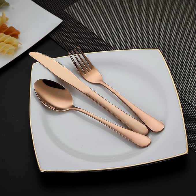 DEVICO Portable Utensils, Travel Camping Cutlery Set, 8-Piece including Knife Fork Spoon Chopsticks Cleaning Brush Straws Portable Case, Stainless Steel Flatware set (Rose Gold)