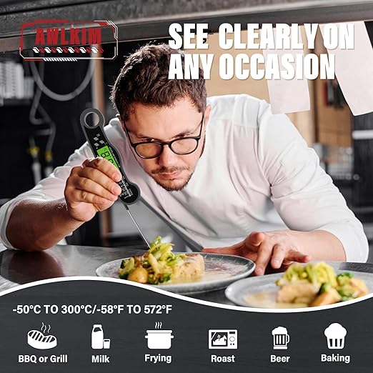 Digital Meat Thermometer - Fast Instant Read Food Thermometer, Waterproof Kitchen Thermometer with Backlight & Hold Function for Cooking, Candy Making, Outside Grill