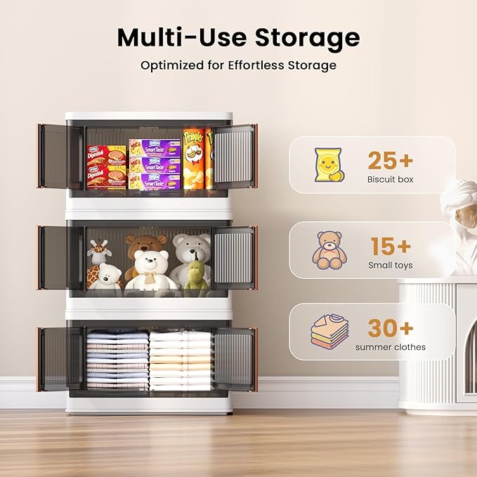 8.4Gal Collapsible Storage Bins with Lids & Wheels - 3 Pack Stackable with Doors, Heavy-Duty Plastic Containers for Home/Office, White