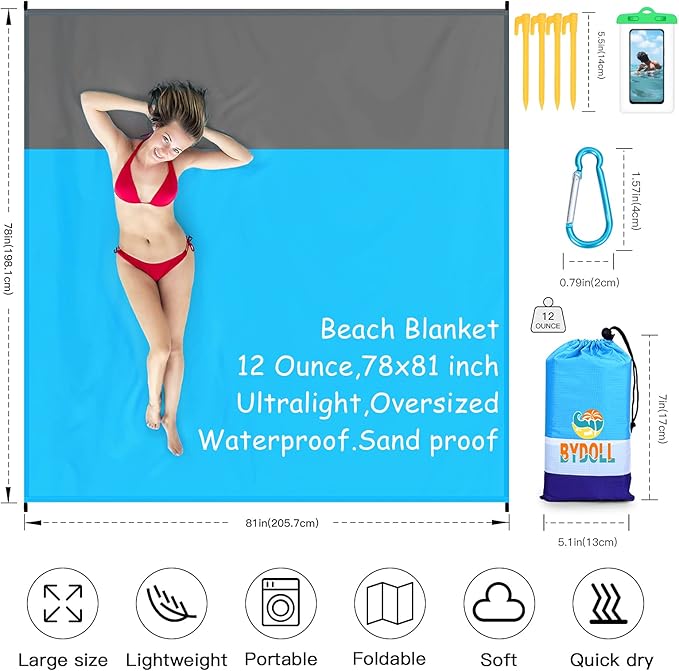 BYDOLL Beach Blanket Waterproof Sandproof 78''×81'' Suits1-4 Adults Compact Lightweight Oversized Sand-Free Blanket Large Picnic Mat for Beach Travel Camping Hiking
