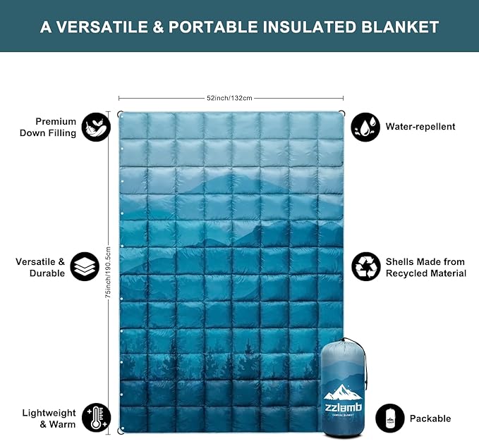 zzlamb Puffy Down Camping Blanket Water-Repellent, Down Throw Travel Blanket Portable for Outdoor, Light Warm Quilt for Couch Plane Car Theater Stadium Picnic RV Backpacking Hammock