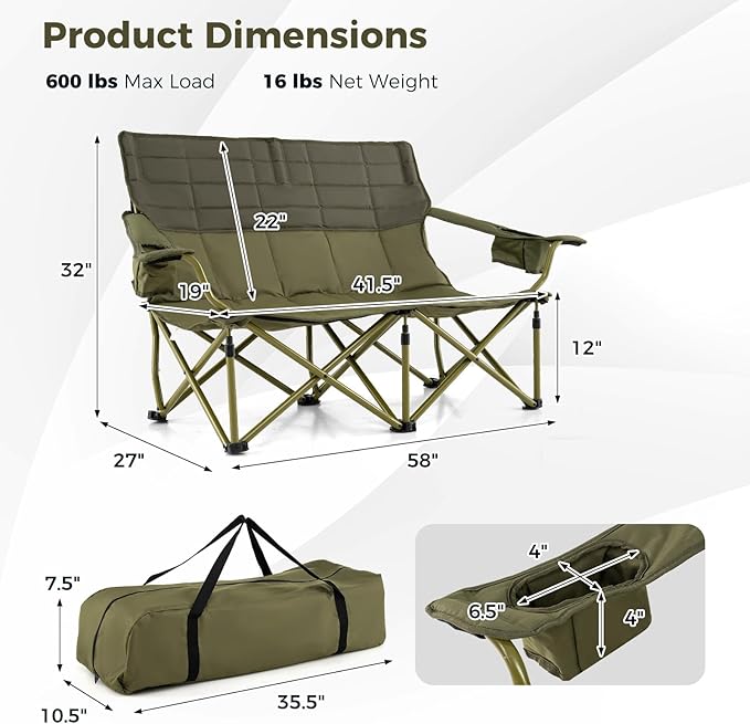 Tangkula 2 Person Oversized Camping Chair, Fully Padded Folding Loveseat Camp Chair with Adjustable Armrests, Cup Holders, Carrying Bag, Portable Double Outdoor Lawn Chair for Camping