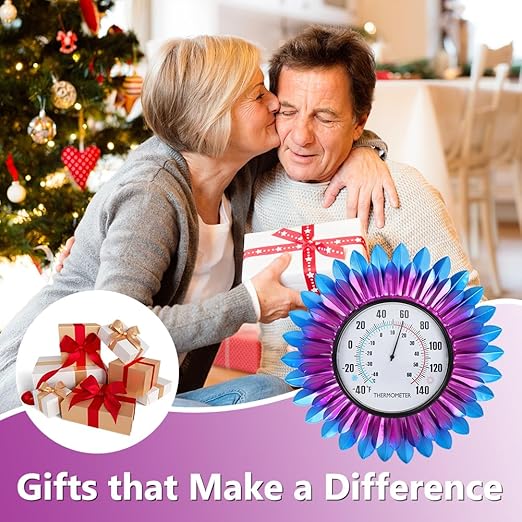 VEWOGITF Outdoor Thermometer, Metal Wall Themometer No Need Battery, Purple Blue Flower Indoor Thermometer with Large Number for Patio Room Decor