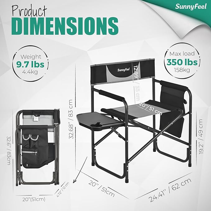 SUNNYFEEL Oversized Camping Directors Chair 2 Pack, Portable Folding Lawn Chairs for Adults Heavy Duty with Side Table,Pocket for Beach, Fishing,Picnic,Concert Outdoor, Foldable Camp Chairs