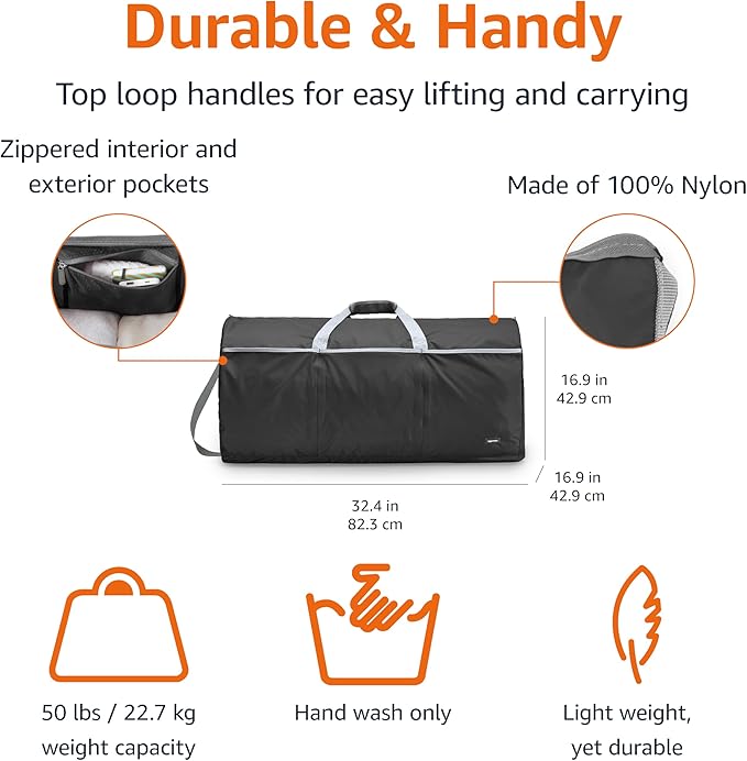 Amazon Basics 32.4" Extra Large Foldable Duffle Bag for Travel & Storage, with Exterior/Interior Zippered Pockets, Lightweight/Durable Nylon Material, 50-LBS Capacity, 9254 Cubic Inch (150L), Black