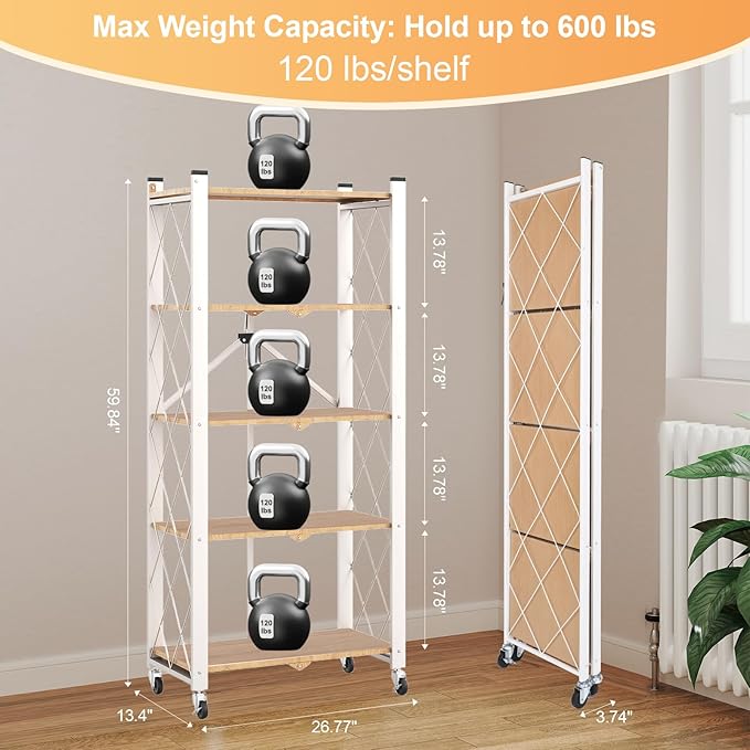 5-Tier Foldable Storage Shelves with Wheels, Folding Metal Shelf Unit, Folding Bookshelf no Assembly, Collapsible Shelves for Craft Shows for Kitchen, Bedroom, Living Room, Natural