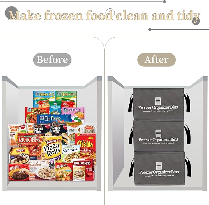 Freezer Organizer Bins, Collapsible Deep Freezer Organizer Bins for 15"x14"x9", freezer Storage Bins with Removable Dividers, Handles (Dark Grey, 1 Pack)