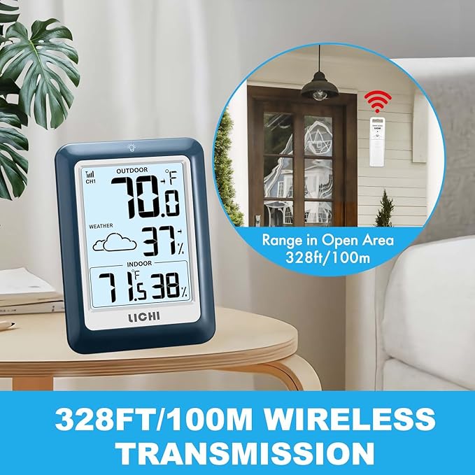Indoor Outdoor Thermometer Wireless Weather Station, Internal External Thermometer Hygrometer, Home Batteryoperated Temperature Humiditymonitors330 Feet (About 100 Meters) Backlight Display (Blue)