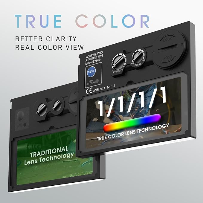 YESWELDER Auto Darkening Welding Helmet, Blue Light Blocking, 1/1/1/1 True Color Solar Powered Welding Hood with 2 Arc Sensors, Wide Shade 3.5/9-13 Welder Mask for TIG MIG ARC and Grind