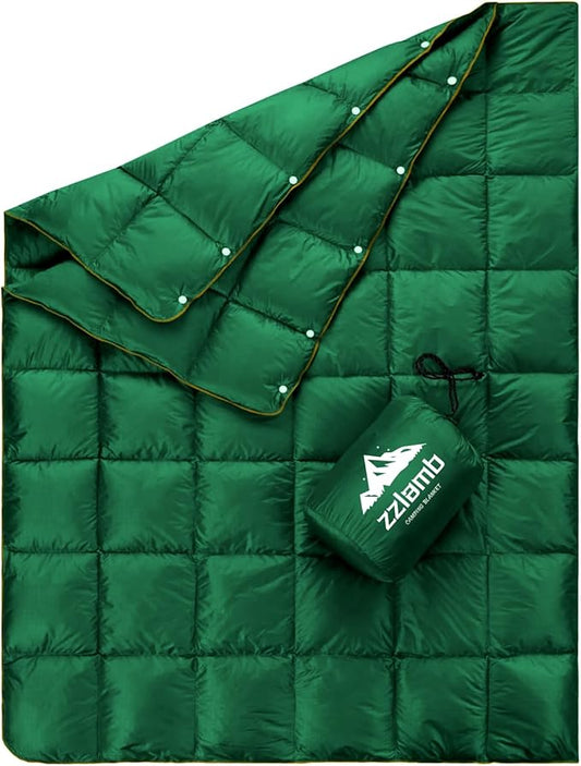 zzlamb Puffy Down Camping Blanket Water-Repellent, Down Throw Travel Blanket Portable for Outdoor, Light Warm Quilt for Couch Plane Car Theater Stadium Picnic RV Backpacking Hammock