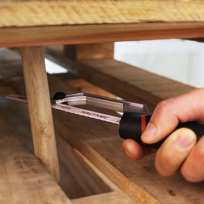 HAUTMEC Mini Hacksaw, 10" Compact Hacksaw with Cutting Guide Design, Tool-Free Blade Change, Compatible with 10"/12" Blades, Lightweight Hack Saw for Metal, PVC & Wood Cutting – HT0427