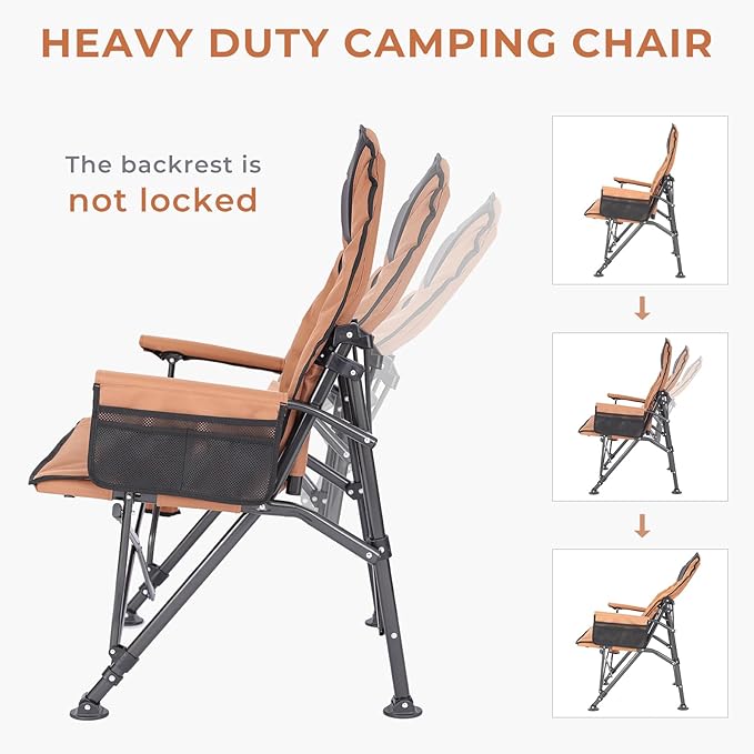 Camping Chairs for Adults, Adjustable Backrest Heavy Duty Oversized Folding Camping Chair Supports 350lbs for Outside with Cup Holder&Side Pocket, Outdoor Folding Camp Chair with High Back (Brown)