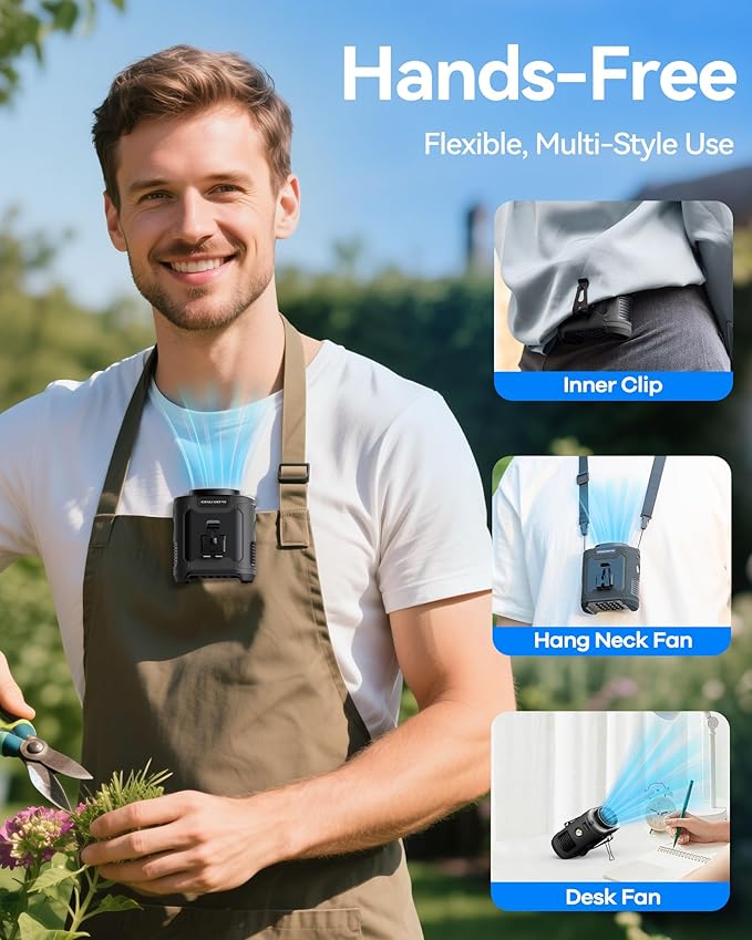 AI Portable Waist Fan Rechargeable 10000mah Belt Shirt Clip On Fan For Body Cooling That Blow Cold Air 5 Speeds Flashlight Up To 40H