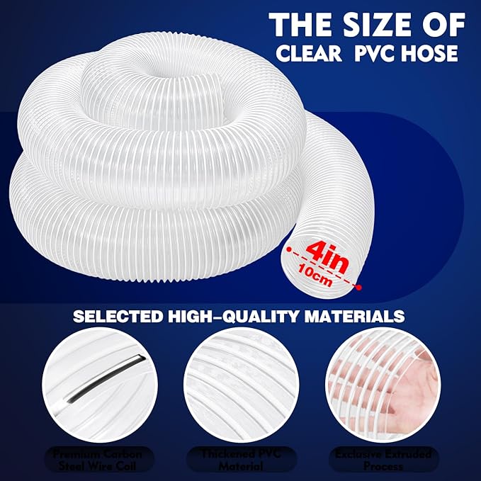 4" x 20' PVC Dust Collection Hose, Puncture-Resistant, Heavy-Duty Flexible Clear Fume Hose with Carbon Steel Wire Coil for Dust Collection Systems, Woodworking, Workshops