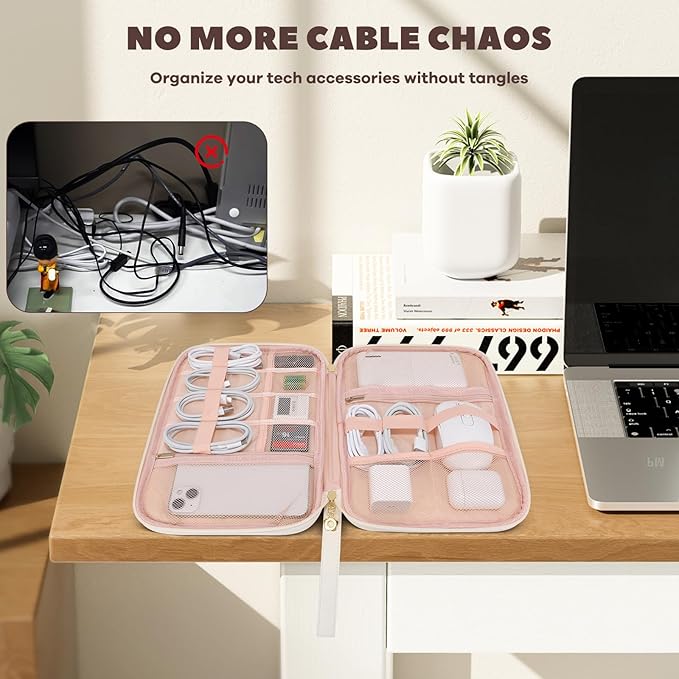 Electronics Organizer Travel Case, Charger Bag Cord Organizer Travel, Compact Tech Pouch Cable Organizer Bag for Charger, Cords, Phone, Headphones, Flash Drive, SD Card (Beige, Large-Single Layer)