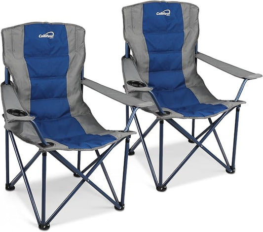 Colorsoul 2 Pack Folding Camping Chairs, Outdoor Lawn Chair Set of 2, Padded Camping Chairs w/Cup Holder & Carry Bag for Sports Garden Beach Terrace, American Flag