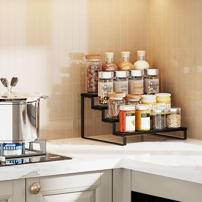 Giikin 4 Tier Spice Rack, Cabinet Organizer Shelf, Wooden Spice Rack for Countertop, Kitchen Counter Storage Shelves Cupcake Stand Holder Display Stand, Black