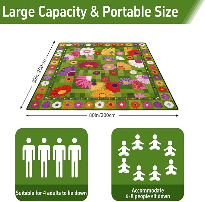 Extra Large Picnic Outdoor Blanket 80''x80'' Green Flower Waterproof and Sandproof Picnic Mat for Beach Foldable Camping Accessories for Grass Lawn Park