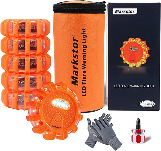 6 Pack LED Road Flare Emergency Car Kit With 9 Blinking Modes,Amber Roadside Safety Flare Discs Warning Light For Car & Truck With Magnetic&Hook (Battery Not Included)