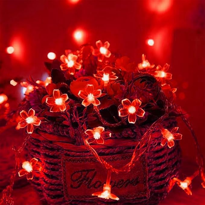 Battery Lighted & USB Plug in Fairy Flower String Lights, 9.8 ft 30 LED Cute Cherry Blossom Lights with Timer Indoor Bedroom Party Wedding Christmas Easter Tree Branch Hanging Decorations (Red)