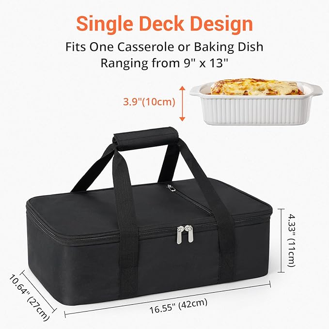 Insulated Casserole Carrier for Hot or Cold Food,Pie Carrier Bag Lunch Bag Tote for Potluck Parties/Picnic/Cookouts, Fits 9"x13" Baking Dish,Single Black