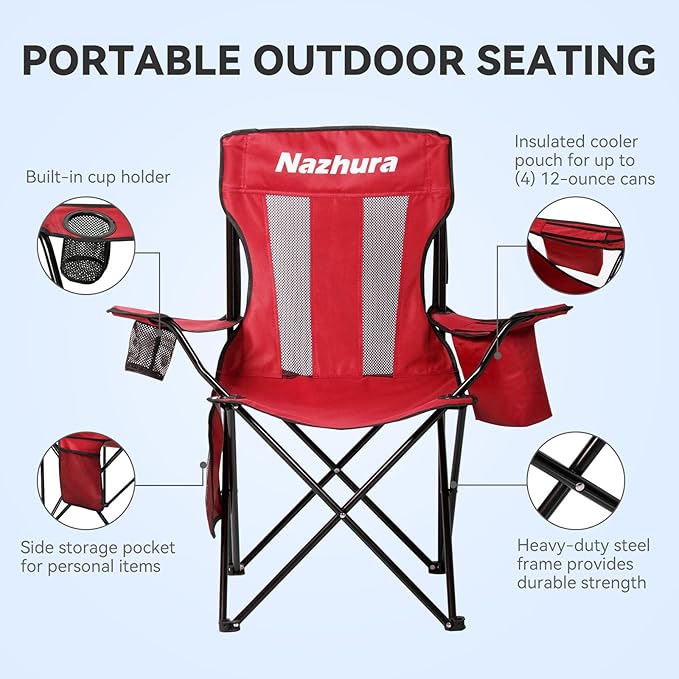 Nazhura 4 Pack Outdoor Camping Chairs Folding/Foldable/Portable with Cooler Pouch, Mesh Backrest and Cup Holder Pocket (Red, 4 Pack)