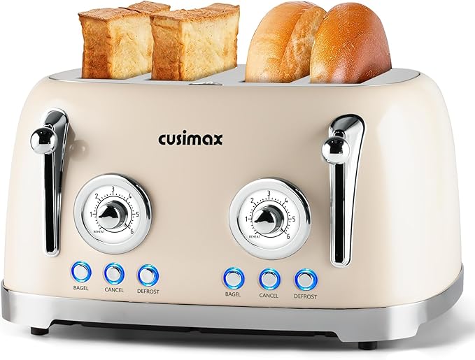 CUSIMAX Retro 4 Slice Toaster With Wide Slots for Bagels, Stainless Steel, 6 Toast Settings, Bagel, Cancel, Defrost & Reheat Functions, Dual Independent Control Panels, Cream