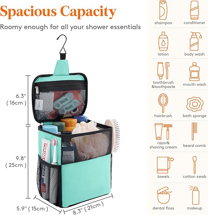 Lifewit Shower Bag Mesh Shower Caddy Portable College Dorm Room Essentials Tote Bag for Bathroom, Gym, Travel, Camping Quick Dry Hanging Shower Organizer Basket Toiletry Bag, Medium, Aqua