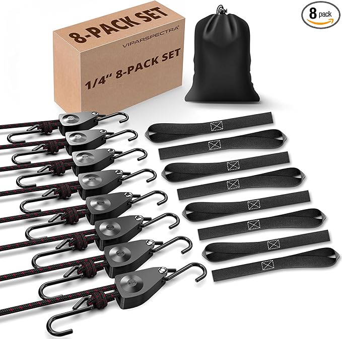 VIPARSPECTRA Ratchet Tie Down Straps, 1/4" Adjustable Rope Hangers [8 Pack, 12FT, 150 lbs/Pack], Heavy Duty Kayak Pulley System with Hooks for Garage Cargo Trucks Tents Grow Lights Various Lashing